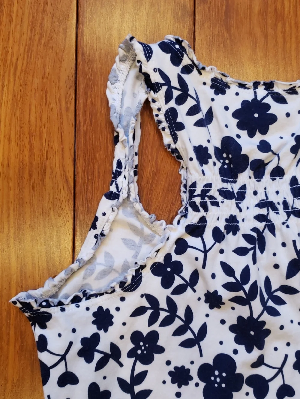 Small Floral Ruffle Racer Back tank top. White with blue - Picture 9 of 10